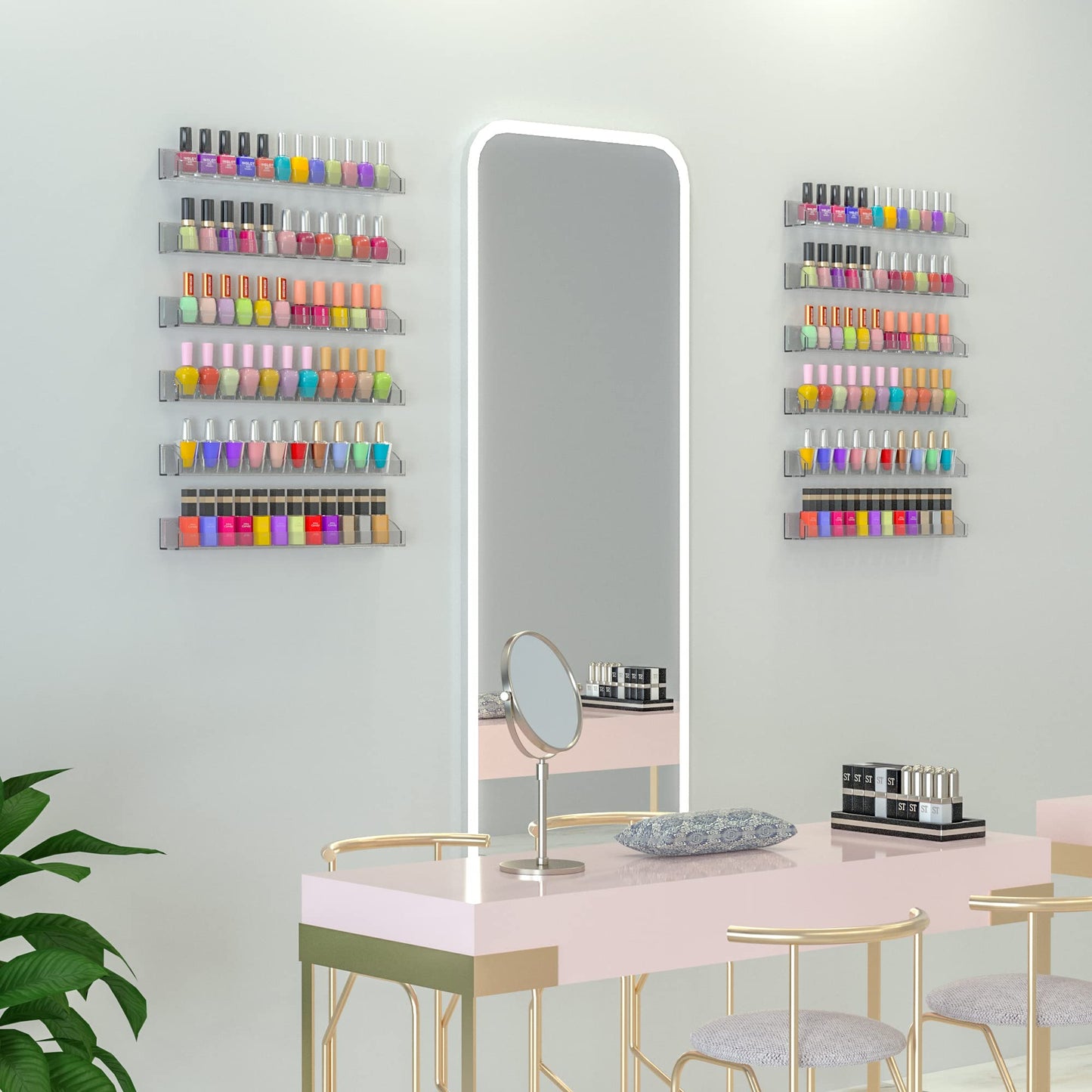 Hexsonhoma 15 Inch Acrylic Nail Polish Rack for Wall Set of 6, Wall Mounted Nail Polish Display Rack with End Caps, Nail Oranize