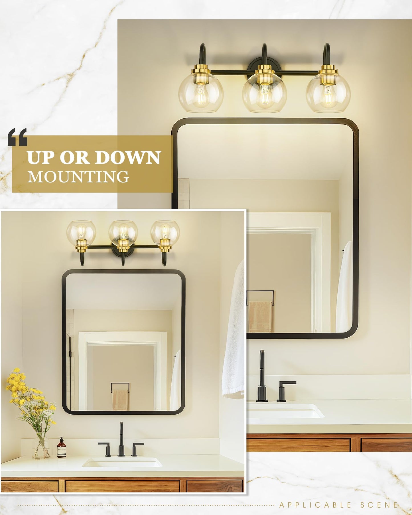 Audickic Bathroom Light Fixtures  3-Light Black And Gold Vanity Lights With Globe Clear Glass  Modern Vanity Lighting Fixtures Over Mirror  Ad-22280-3W-Kg