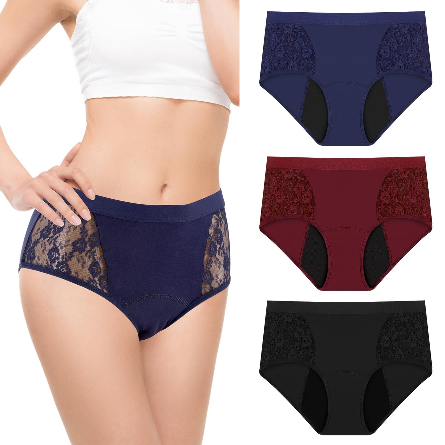 TUXIYA 3 Pack Incontinence Underwear for Women, Leak Proof Underwear for Women Washable & Reusable for Leakage Protective Panties(XX-Large,Black/Red/Blue)