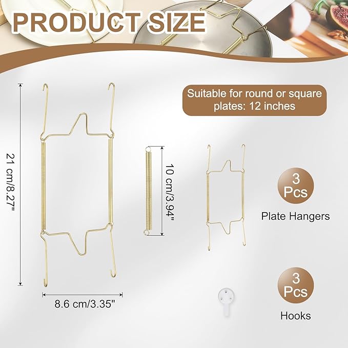 uxcell 3pcs Plate Hangers for The Wall, 12 Inches Stainless Steel Wire Plate Holders with Traceless Nail Displaying Plates Dish DIY Craft, Golden