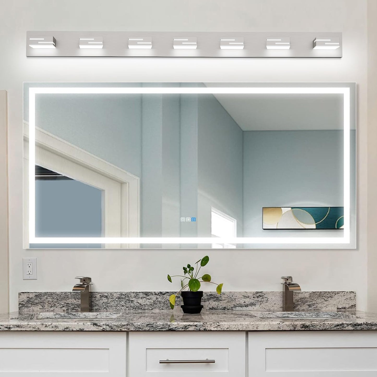 LKHF LED Modern Bathroom Vanity Light Fixtures, 7-Light 48-inch Dimmable Brushed Nickel Vanity Lights for Bathroom Lighting Fixtures Over Mirror, with 350° Rotatable Acrylic Heads (Cool White 6000K)