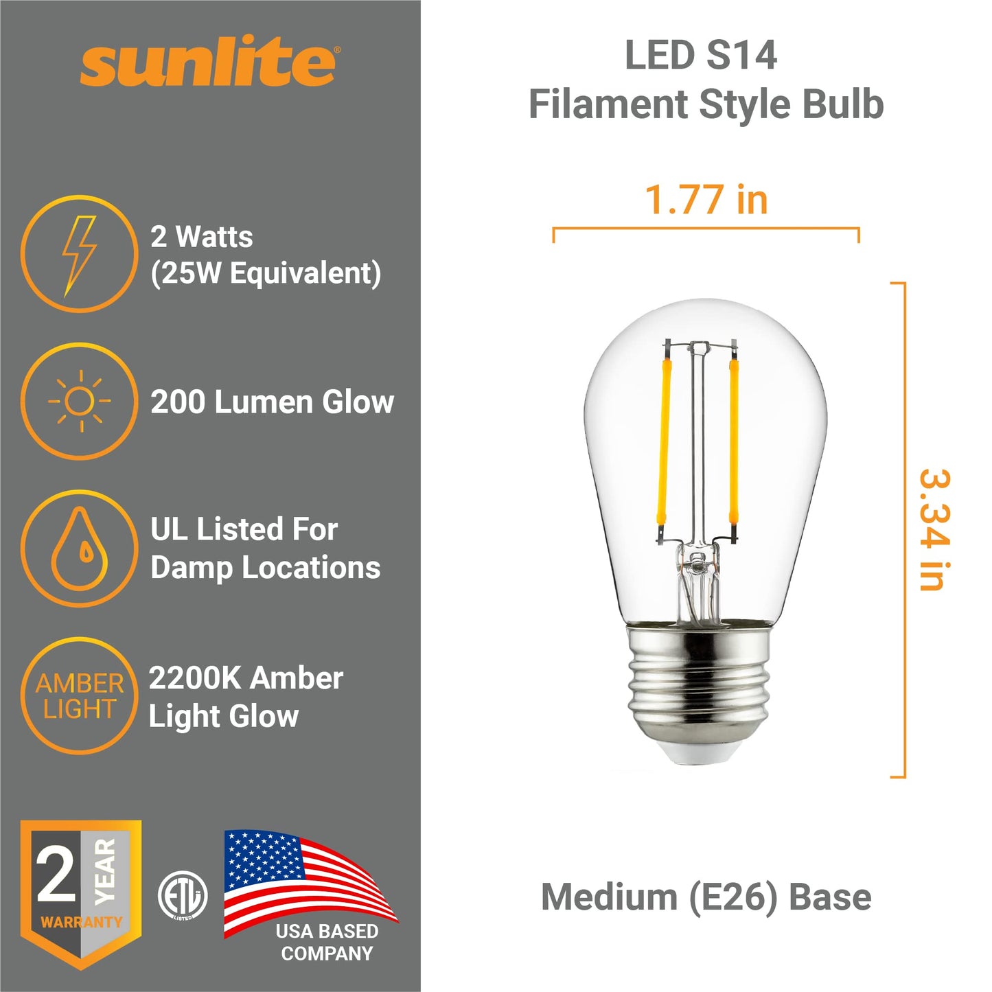 Sunlite LED S14 Filament Bulb, Dimmable, 2700K Warm White, 2W (25W Equivalent), ETL Listed, Medium Base (E26), 6