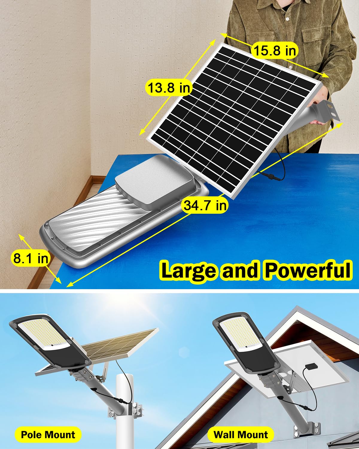 Engrepo Solar Street Light, 15-Hour Runtime, IP65 Waterproof, Remote Control, 20000mAh, Black, Model AX-YYC-200W