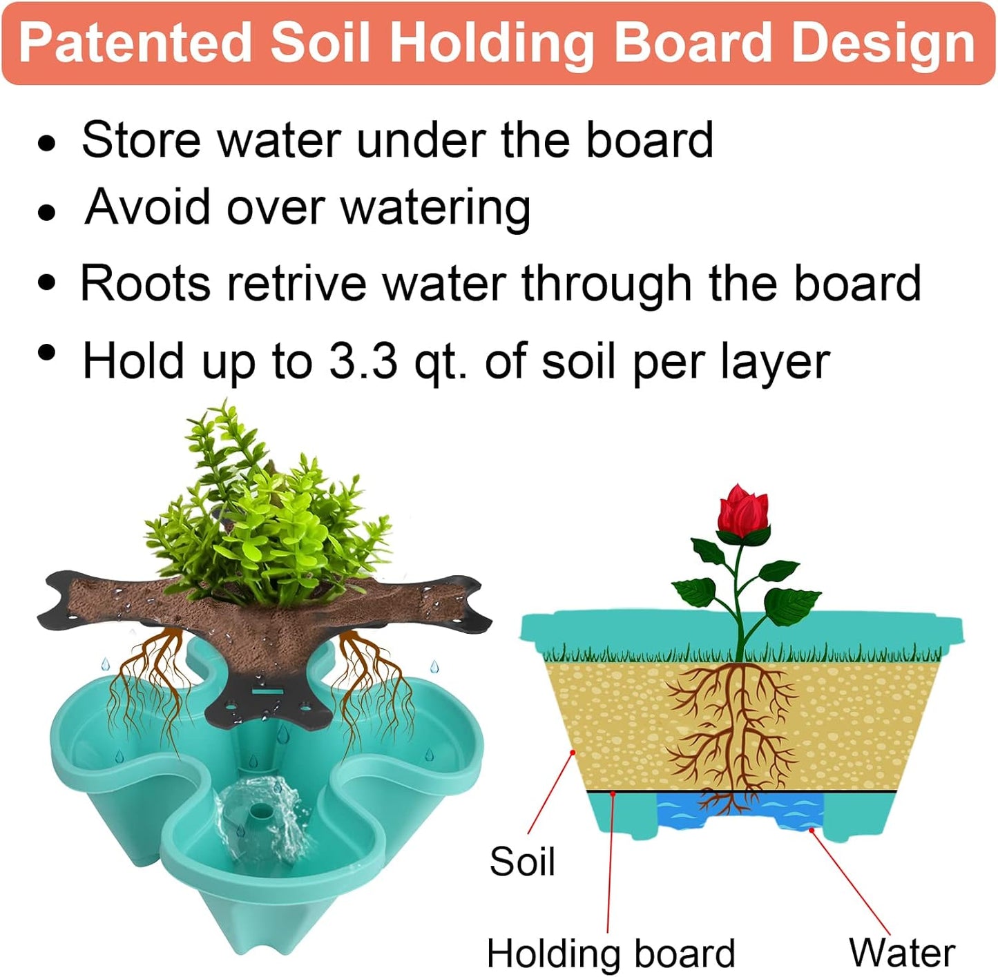 DUNCHATY Stackable Planter, Vertical Garden Planter with Wheels and Tools, Self Watering Strawberry Planter Indoor/Outdoor 3 Tier Herb Planter Pots for Growing Vegetables and Succulents, Teal