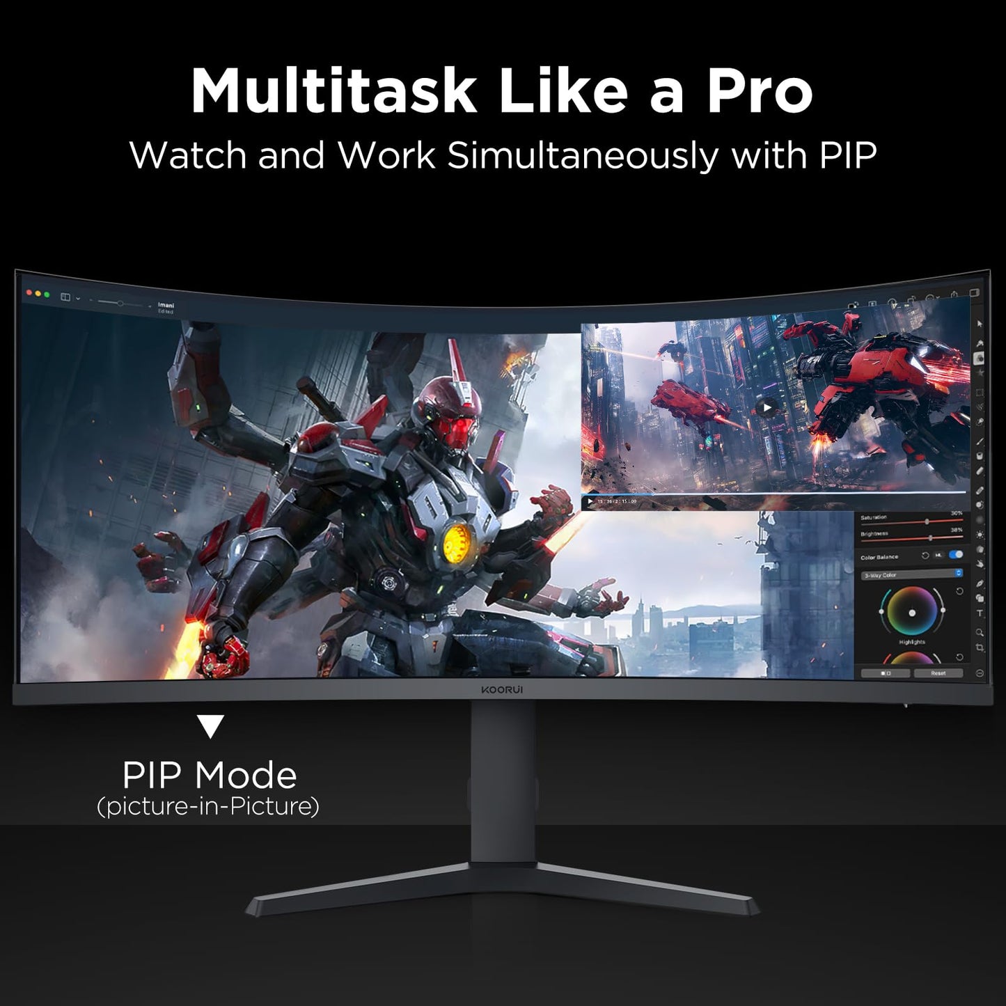 KOORUI 34-inch Ultrawide Curved WQHD 3440×1440 Gaming Monitor, 165Hz 144Hz Curved 1000R- PIP/PBP, 1ms(MPRT) with DisplayHDR 400, FreeSync Premium, 75 * 75mm VESA, HDMI/DisplayPort, 34E6UC