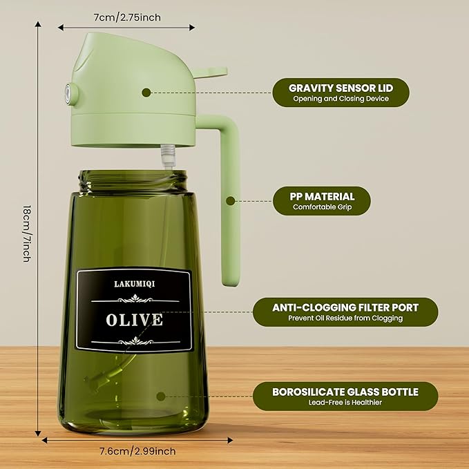 2 in 1 Oil Sprayer for Cooking 16oz, Green Light-Blocking Glass Olive Oil Dispenser Bottle, Food-Grade Oil Mister with 8 Stickers for Kitchen Salad Frying