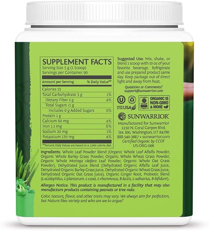 Sunwarrior Vegan Organic Greens Probiotic Powder | 2 Billion CFU Probiotics Organic Raw Juice Soy Free Gluten Free Dairy Free Sugar Free Kosher | Natural 90 Servings | Ormus Supergreens