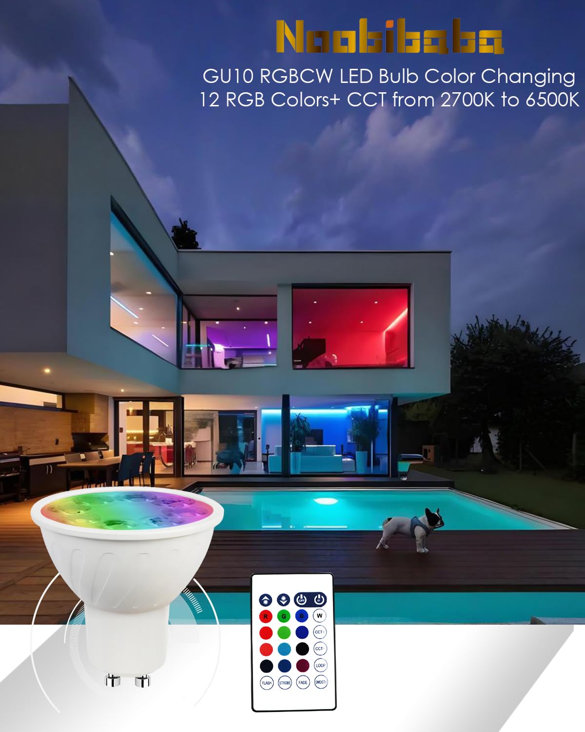 Noobibaba GU10 LED Bulbs, 5W (35W Equivalent), RGB + Adjustable White 2700K-6000K, Model GU10-5W-D, 6-Pack