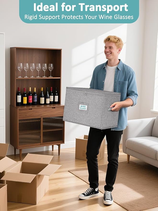 Cirhy Wine Glass Storage Box, Stackable Rigid-Shell Glassware Storage Containers with Dividers & Handles, Holds 24 Crystal Glasses, 2-Pack Protective Stemware Organizer for Moving, Kitchen Storage