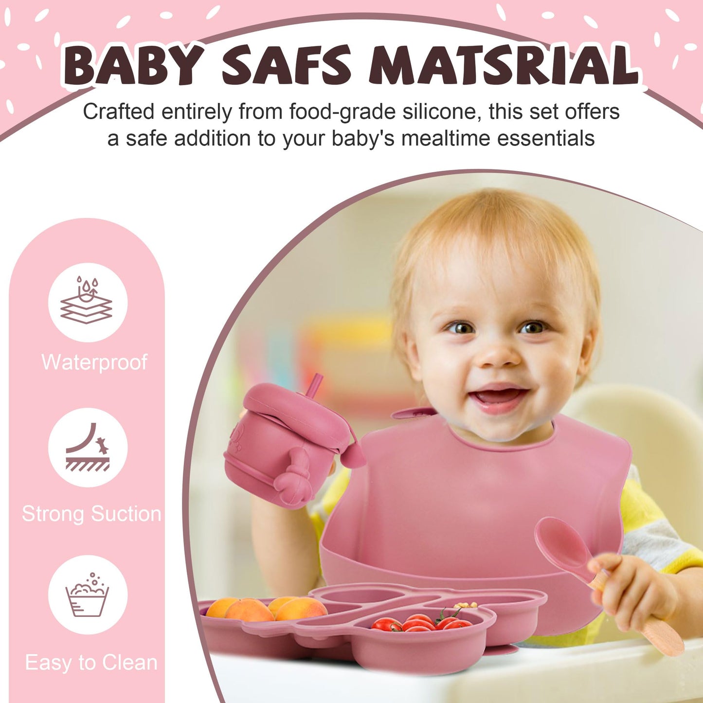 Silicone Baby Feeding Set, Baby Led Weaning Supplies, Silicone Suction Butterfly Plate, Bowl, Spoons, Fork and Waterproof Bib & Cloth Bib, Eating Utensils Baby Feeding Essentials (Pink)