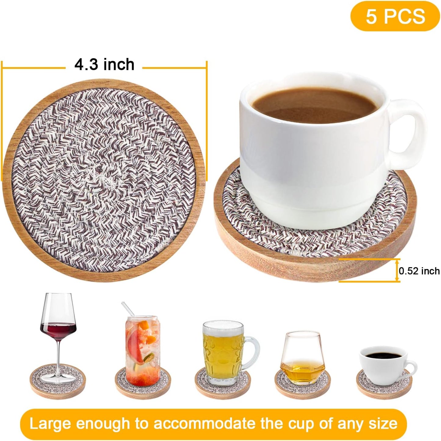 5 Pack Absorbent Coasters for Drinks, 4.3 Inches Cork for Coffee Tables, Wooden Drink Protection, Cute for Kitchen, Farmhouse, and Office (Dark Brown Series)