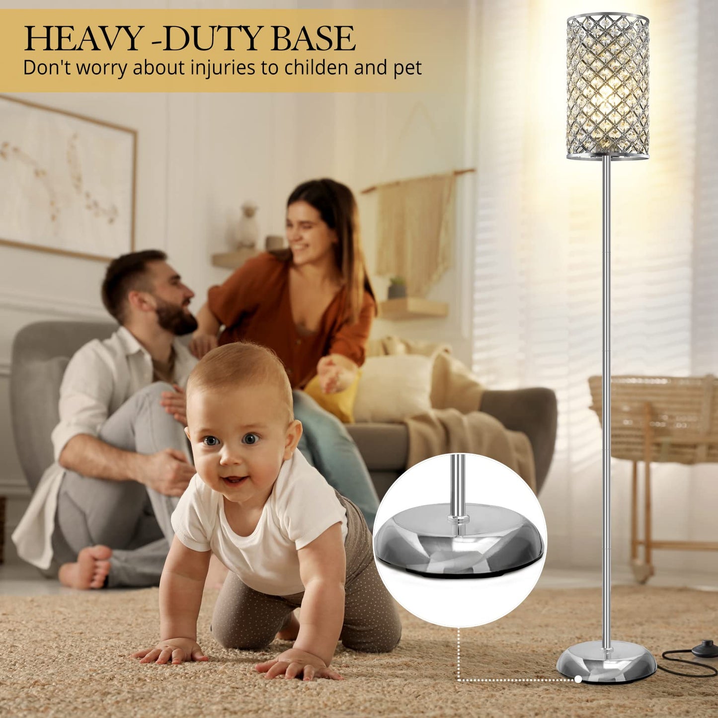 Gyrovu Elegant Silver Metal Floor Lamp, 66.5 Tall With On/Off Foot Switch, Modern Accent Light For Living Room, Bedroom, Office