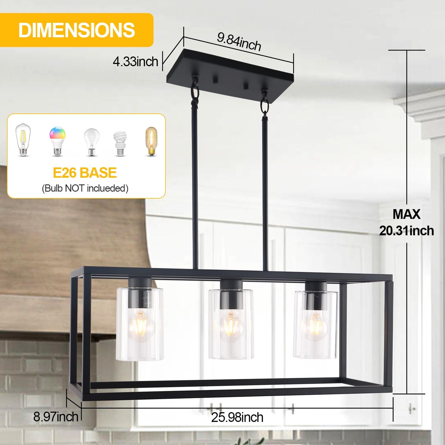 Kalium Chandeliers For Dining Room  3 Light Dining Room Light Fixture Modern Metal Industrial Kitchen Lighting Fixtures Ceiling Easy Installation Pendant Lights For Bar Restaurant-E26 Socket  Black