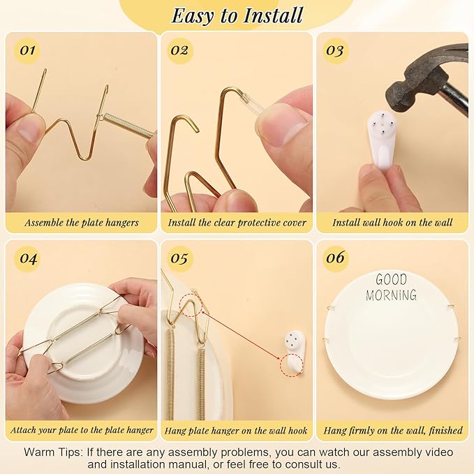 24 Pieces Plate Hangers for Wall - 6/8/10/12 Inch Invisible Wall Plate Hangers, Stainless Steel Plate Wall Hangers with 24 Pieces Wall Hooks for 5.5 to 12.5 Inch Decorative Plates and Arts (Gold)