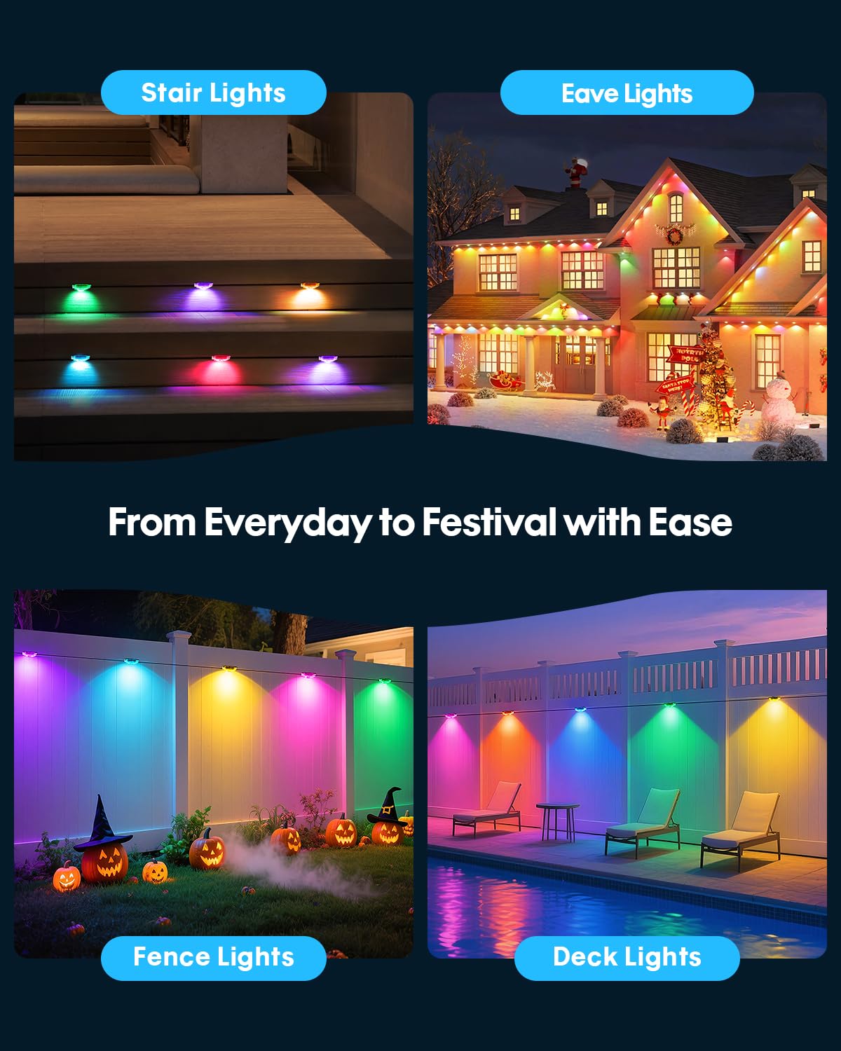 PIYOOPDR RGB-IC LED Outdoor Lights 150FT, IP67 Waterproof, App/Remote Control, Black, Model JG-001W-10