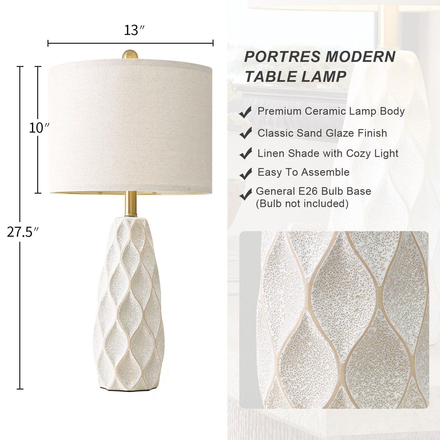 PORTRES Ceramic Table Lamps Set of 2, 27.5 inch, White, Modern Boho Bedside Lighting for Bedroom, Living Room, Home Office, Model 1230