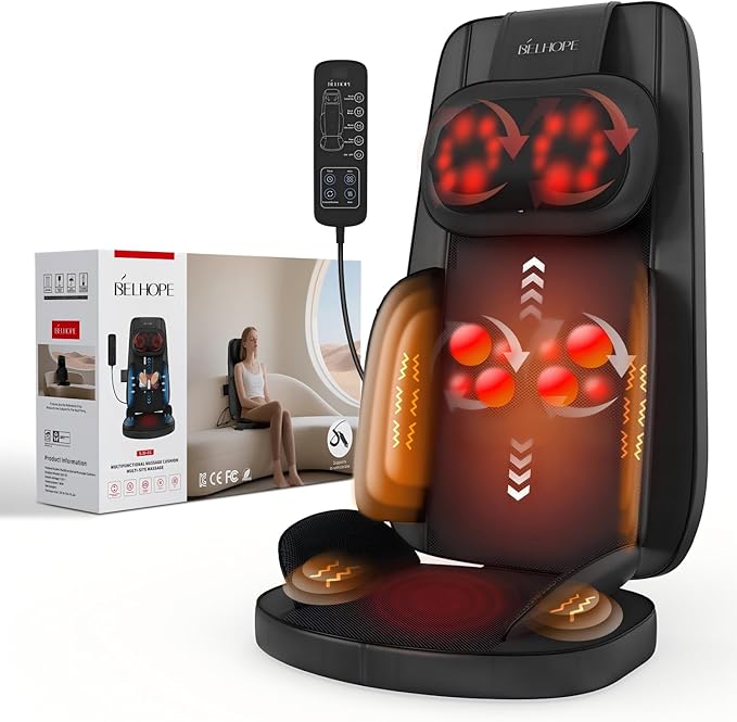 belhope Shiatsu Neck and Back Massager with Heat, 4D Kneading Back Massager for Pain Relief Deep Tissue, Comfortable Back ...