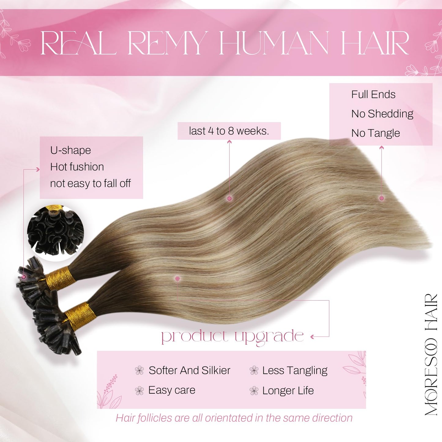 Moresoo K Tip Hair Extensions Real Human Hair Dark Brown to Light Brown with Medium Blonde Balayage K Tips Hair Extensions Human
