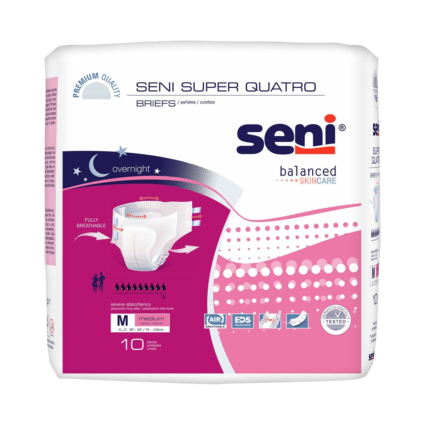 Seni Super Quatro Unisex Adult Incontinence Briefs with Tabs, Size Medium (30"-43"), 40 Count (4 Packs of 10), Severe Absorbency, Disposable Overnight Briefs for Men & Women