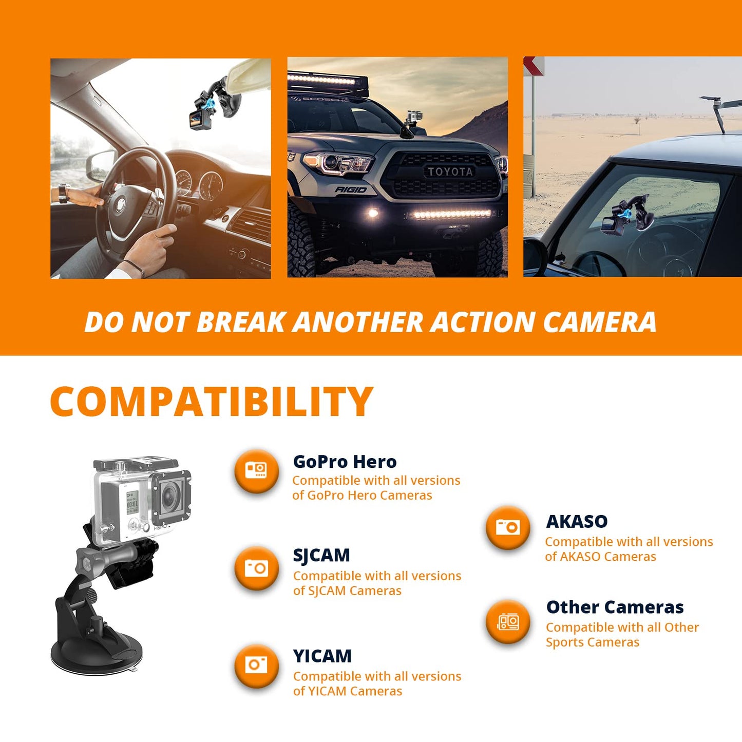 Mipremium Car Suction Cup Mount For Gopro Hero13/12/11/10/9/8/7/6/5/4/3/3+/2 Max, Hero+, Session & Other Action Cameras Car Wind