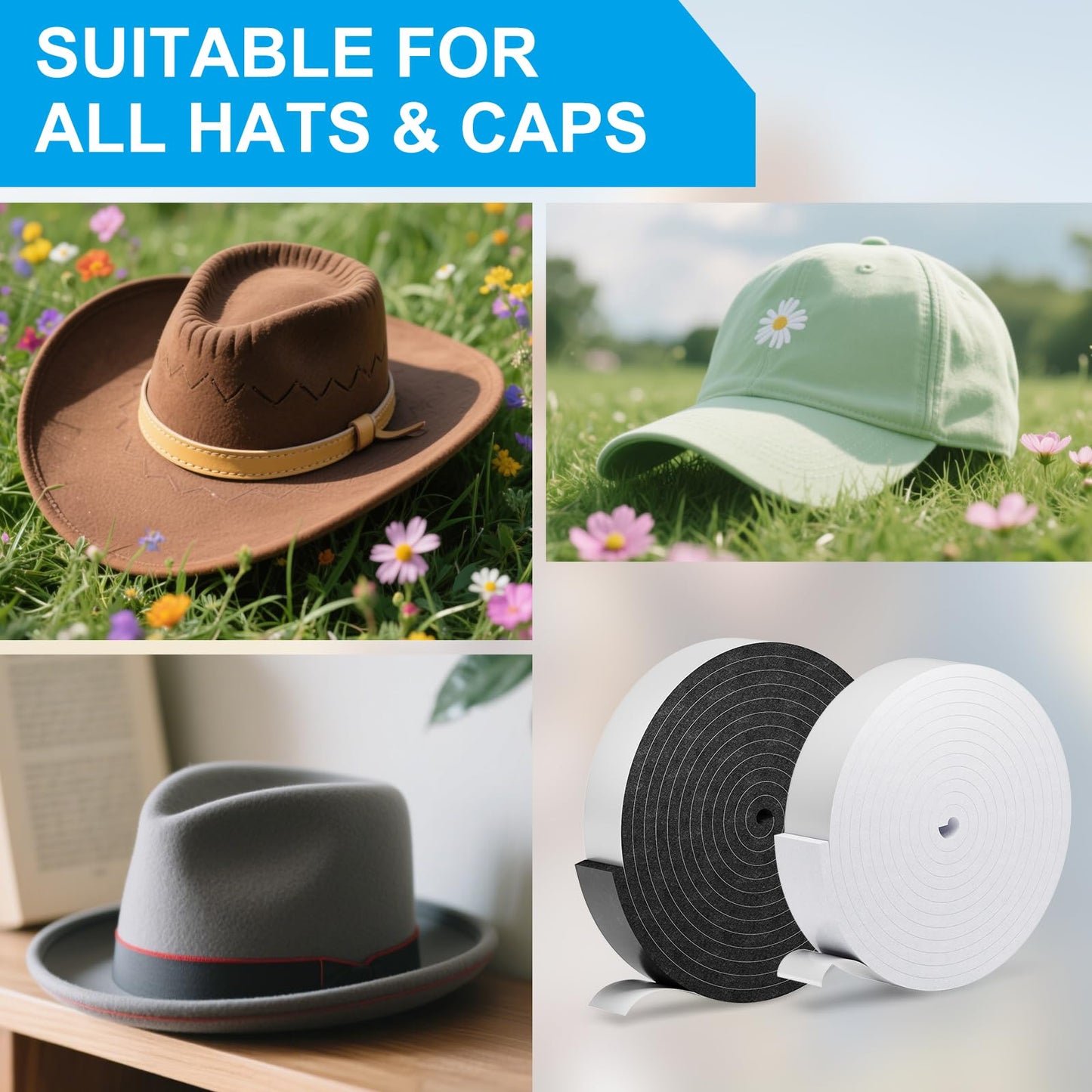 Teraves 2 Pack Hat Size Reducer Tape Roll 80", Hat Sizer Insert Reducing Self Adhesive Foam Filler Tape, Accommodates All Hat Styles, 0.12 Inch and 0.2 Inch Thick, Black and White