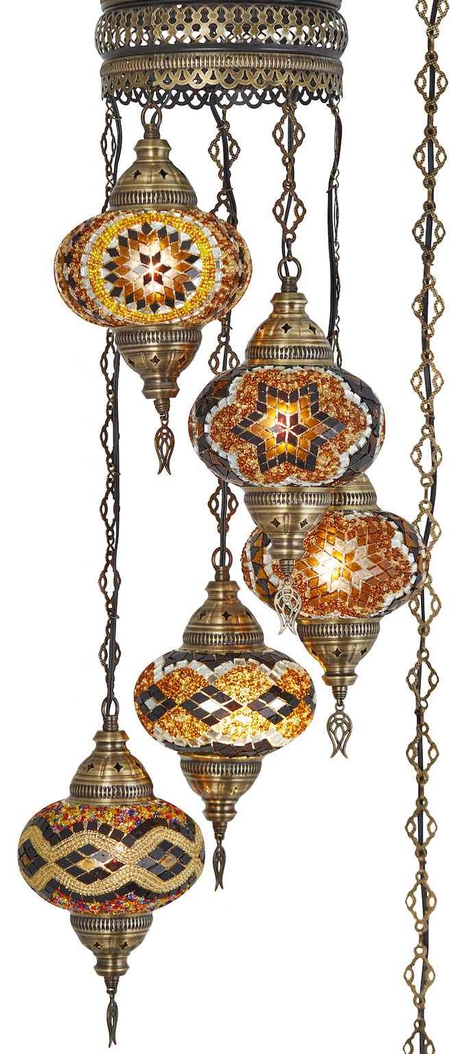 DEMMEX 7in  Moroccan Mosaic Chandelier Pendant Light, 15-ft Cord & Chain, Swag Style, Brown-Amber