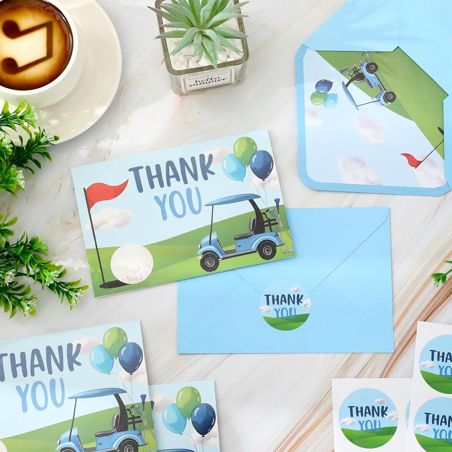 Whaline 24Pcs Golf Thank You Cards Golf Course Cart Balloon Greeting Card Blue Green Blank Note Cards with Envelope Sticker for Birthday Sport Party Supplies
