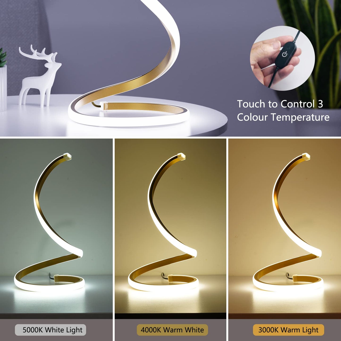 NUÜR Table Lamps Set of 2, Gold, Metal, Stepless Dimmable, Decorative Nightstand Lamps for Bedroom and Living Room