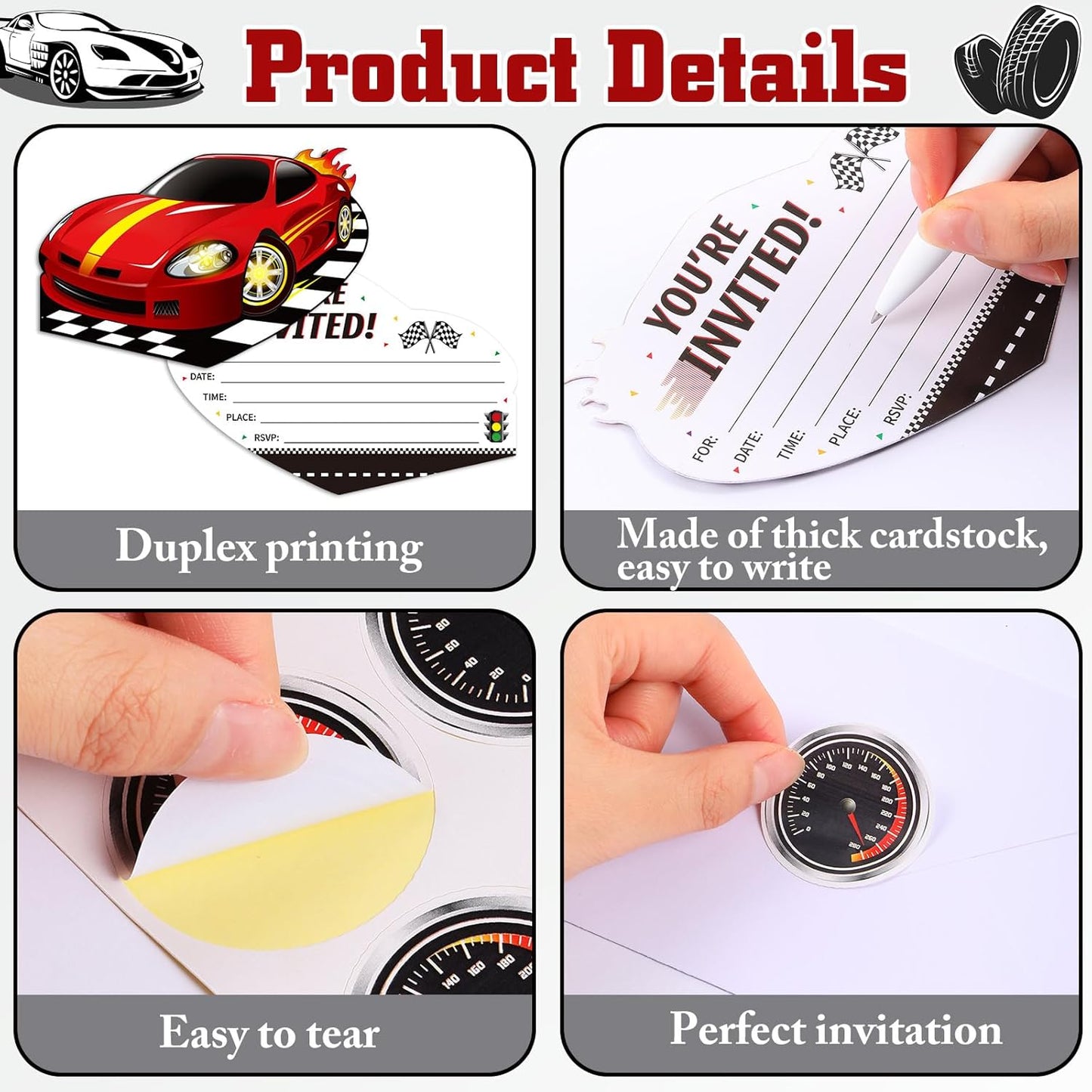 30 Sets Birthday Invitations with Envelopes Stickers Themed Invitations for Girl Boy Birthday Party Supplies Decoration (Race Car)