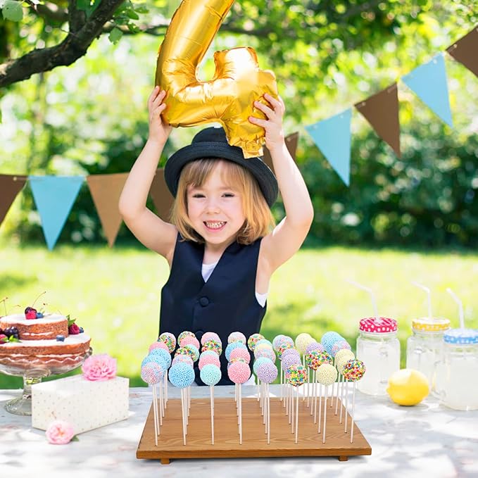 Wood Cake Pop Stand /w 300 Pcs Cake Pop Sticks and Wrappers - 48 Holes Cake Pop Holder Stand for Dessert Table- Lollipop Holder for Birthdays, Baby Shower, Weddings or Any Events.