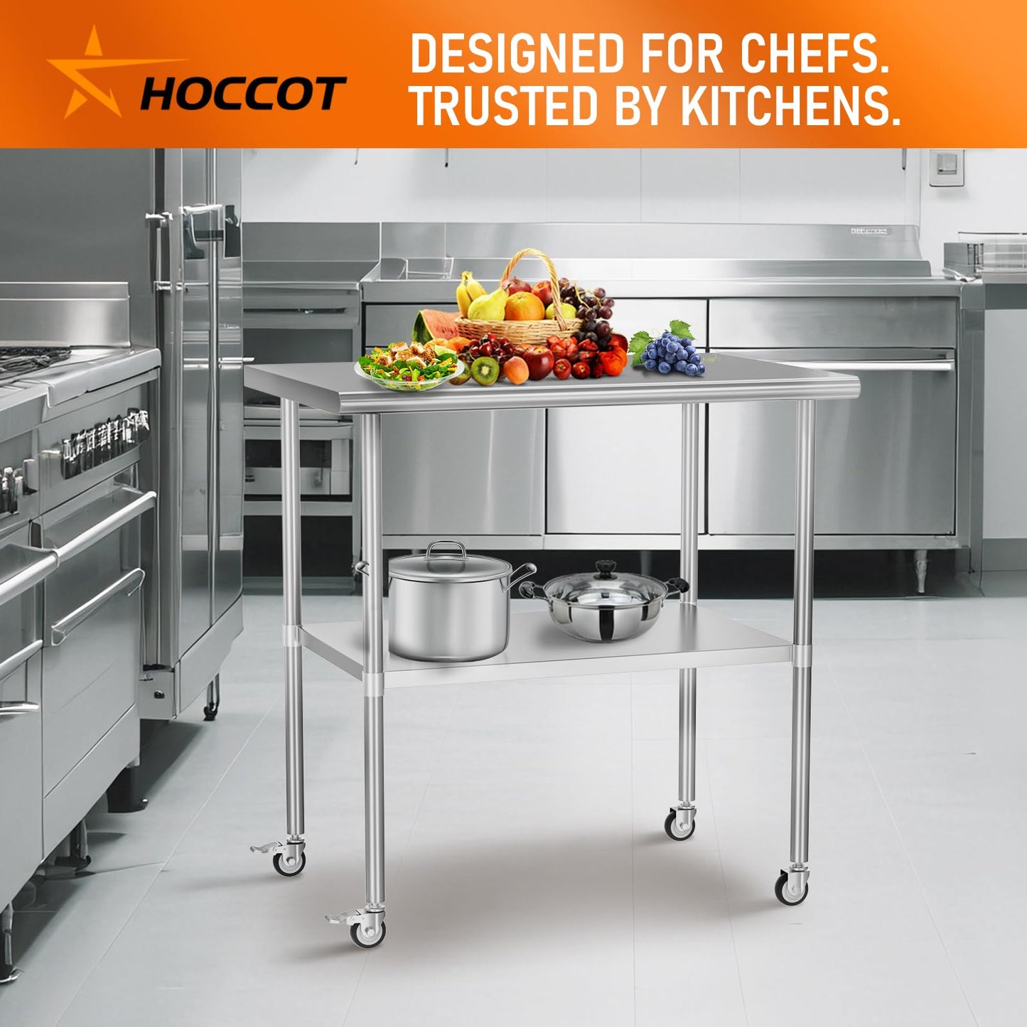 HOCCOT Stainless Steel Table with Wheels 30" x 36" Utility Worktable with Adjustable Undershelf for Commercial Kitchen, Garage, Restaurant