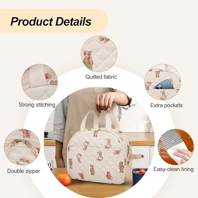 Lunch Box for Women,Cute Quilted Lunch Tote Bag,Reusable Insulated Lunch Box,Large Capacity Cooler Bag with Compartments for Work, Picnics or Travelling