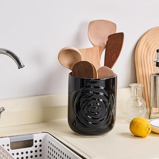 Large Utensil Holder Set of 2, 7.5"+ 5.5" - Ceramic Rose Kitchen Countertop Utensil Crock for Spatulas, Spoons & Cooking Tools, Farmhouse Kitchen Counter Decor, Black