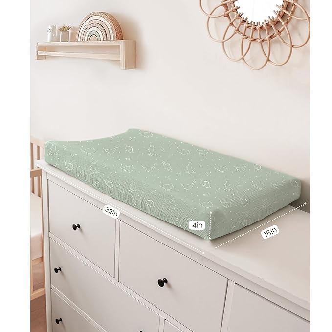 Konssy 2 Pack Muslin Changing Pad Covers for Boys, Ultra Soft & Breathable Cotton Baby Diaper Changing Table Covers, Neutral Nursery Diaper Changing Pad Sheets (Dino Jungle,Sage Dino