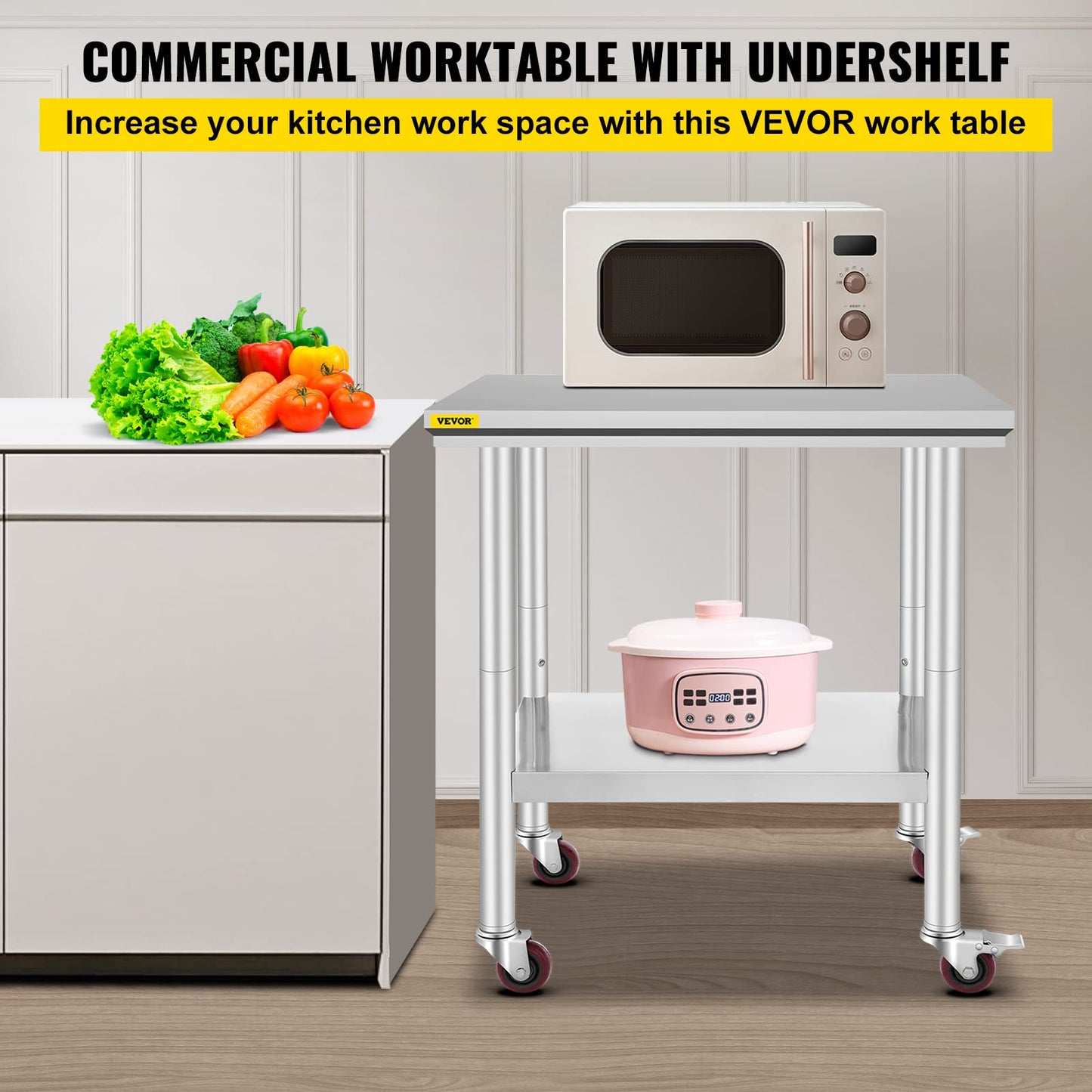 Mophorn Stainless Steel Work Table with Wheels 24 x 30 x 32 Inch Prep Table with 4 Casters Heavy Duty Work Table for Commercial Kitchen Restaurant Business, Silver and Black