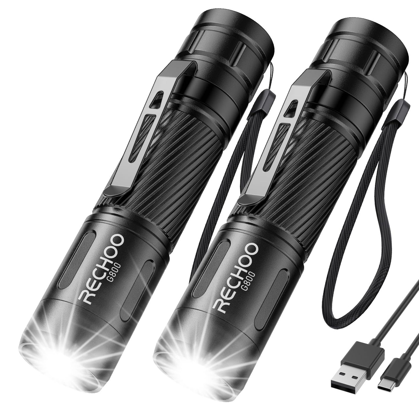 Rechoo Flashlight Rechargeable 2 Pack  500 Lumens  3 Lighting Modes & Zoomable  Small Tactical Torch Light For Edc And Emergency  Water Resistant  Duable  Included Pocket Clip & Lanyard