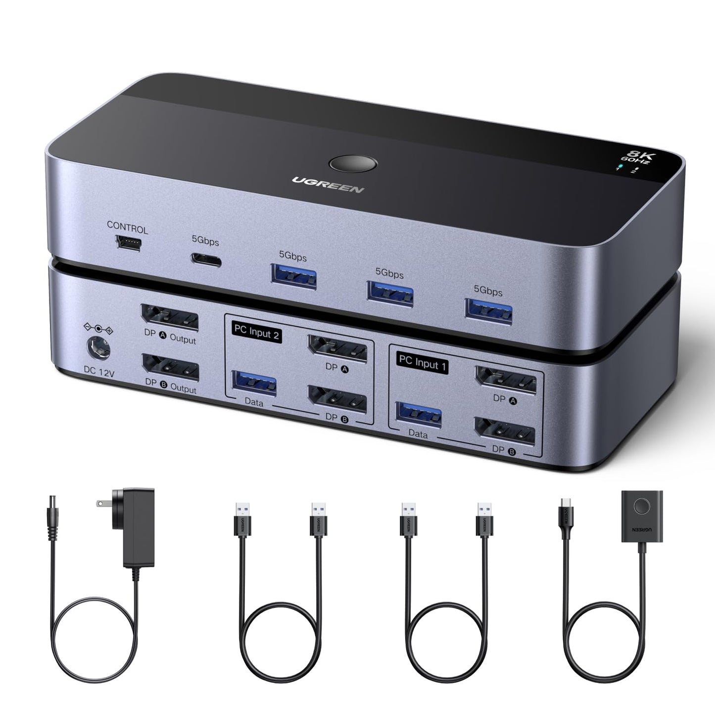 UGREEN 8K@60Hz Displayport KVM Switch 2 Monitors 2 Computers, Aluminum with 4 USB 3.0 Ports for 2 Computers Share Dual Monitors Keyboard Mouse Printer with 2 USB Cables/Power Adapter/Controller