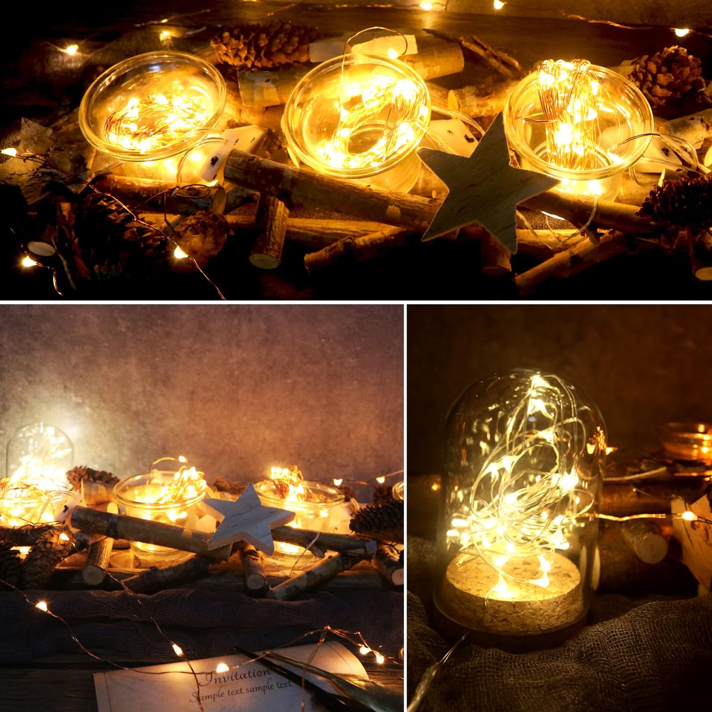 Oakhaomie 7Ft Waterproof Starry String Lights, 6 Pack, Warm White, Copper Wire, 20 Micro Leds, Model Hm001
