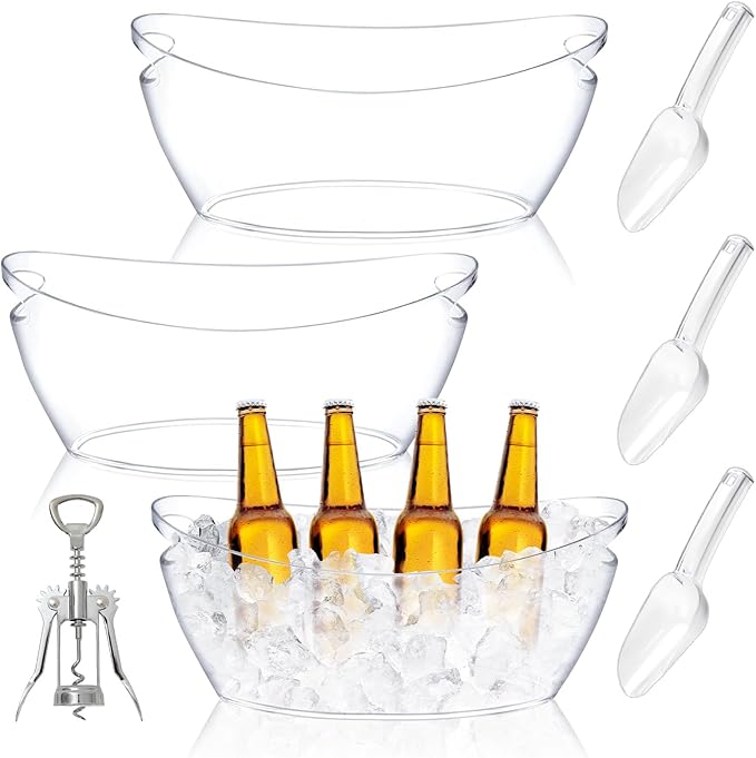 JarThenaAMCS 3Pcs 6L Clear Ice Buckets with 3Pcs Scoops & Metal Wine Bottle Opener Large Plastic Ice Bucket Bowl Champagne...