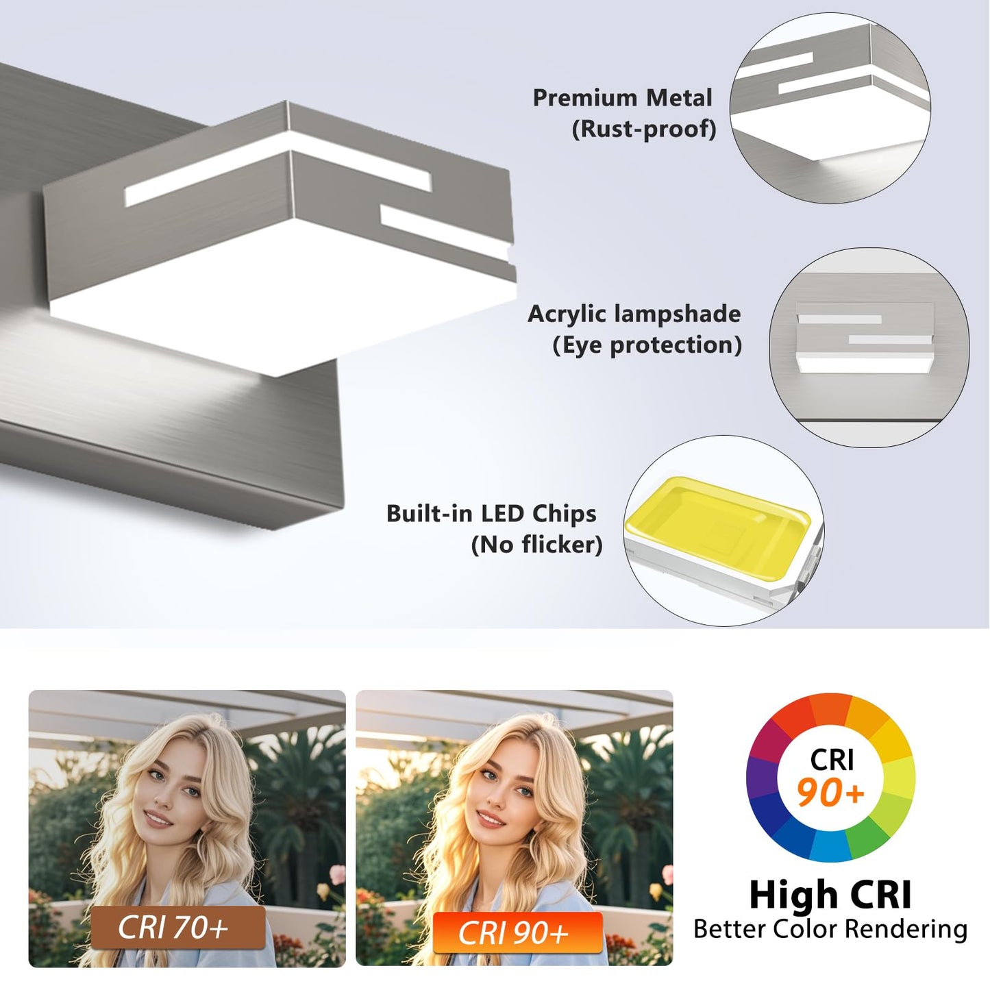LKHF LED Modern Bathroom Vanity Light Fixtures, 7-Light 48-inch Dimmable Brushed Nickel Vanity Lights for Bathroom Lighting Fixtures Over Mirror, with 350° Rotatable Acrylic Heads (Cool White 6000K)
