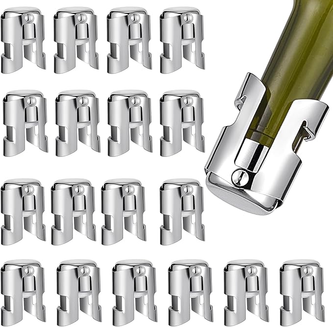 Tessco 18 Pcs Stainless Steel Champagne Stopper Reusable Bottle Sealer Wine Corker Champagne Cork Stopper with a Built in Sealing Plug Compact Champagne Saver Plug for Cava Prosecco (Silver)
