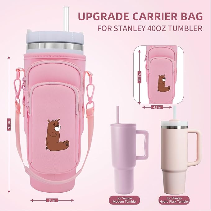 Water Bottle Carrier Bag for Stanley Cup Accessories, for Stanley Tumbler 40 Oz with Handle Holder Bag with Strap Neoprene Bollus with Straw, Straw Cover, Carabiner (Off White)