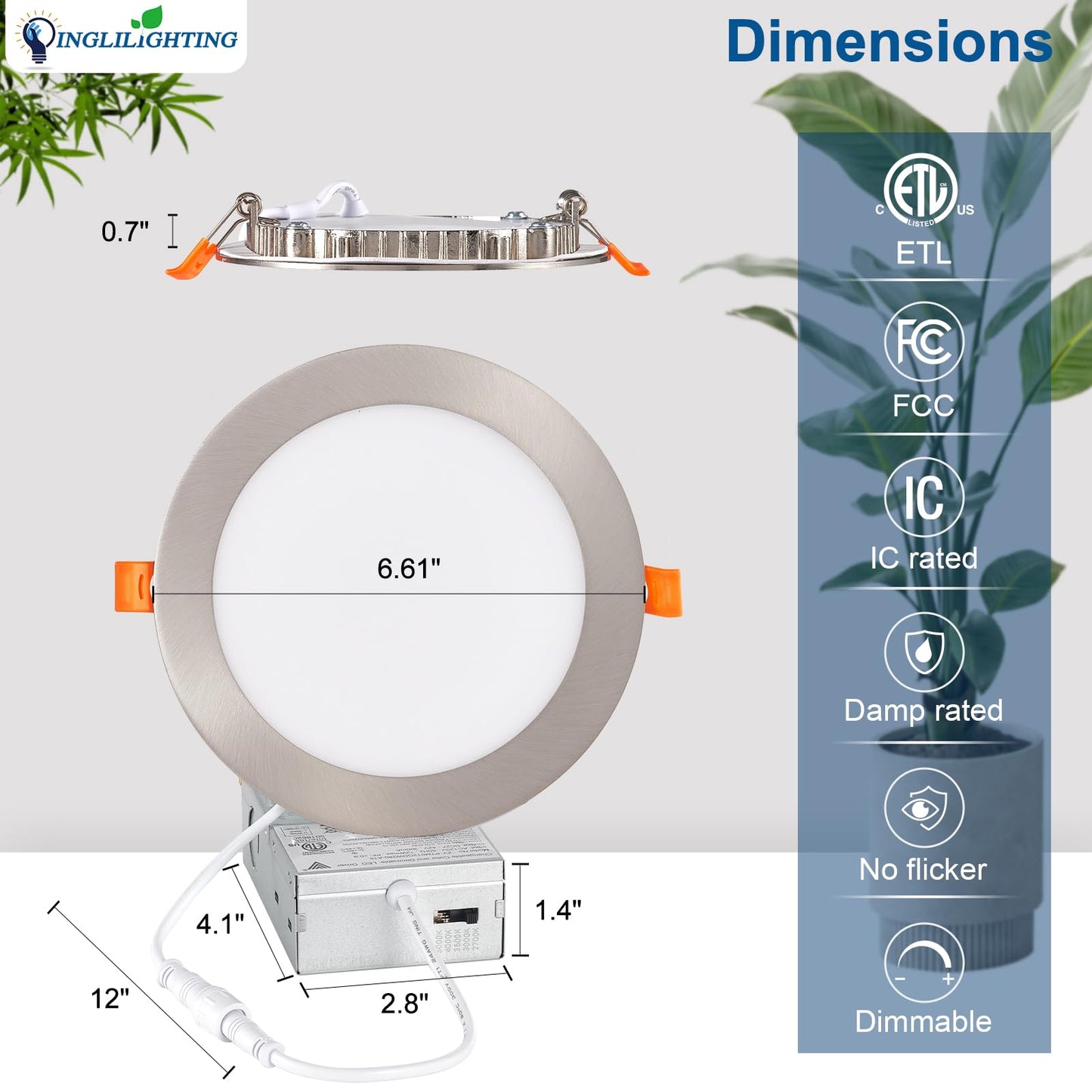 Dllt Led Recessed Ceiling Lights: 12 Pack 6 Inch 5Cct Ultra-Thin Lighting With Junction Box For Bedroom - 1200Lm Brightness 12W Eqv 110W Dimmable Canless Wafer Downlight With Etl&Fcc-Nickel Brush
