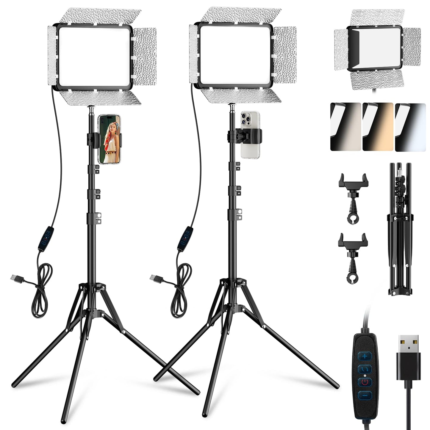 2-Pack LED Video Light Kit with Phone Holder & Barndoor, 2800-7000K Dimmable Studio Lighting for Video Recording, Live Streaming, YouTube, Vlogging, Photography, Makeup, Content Creation, Podcast