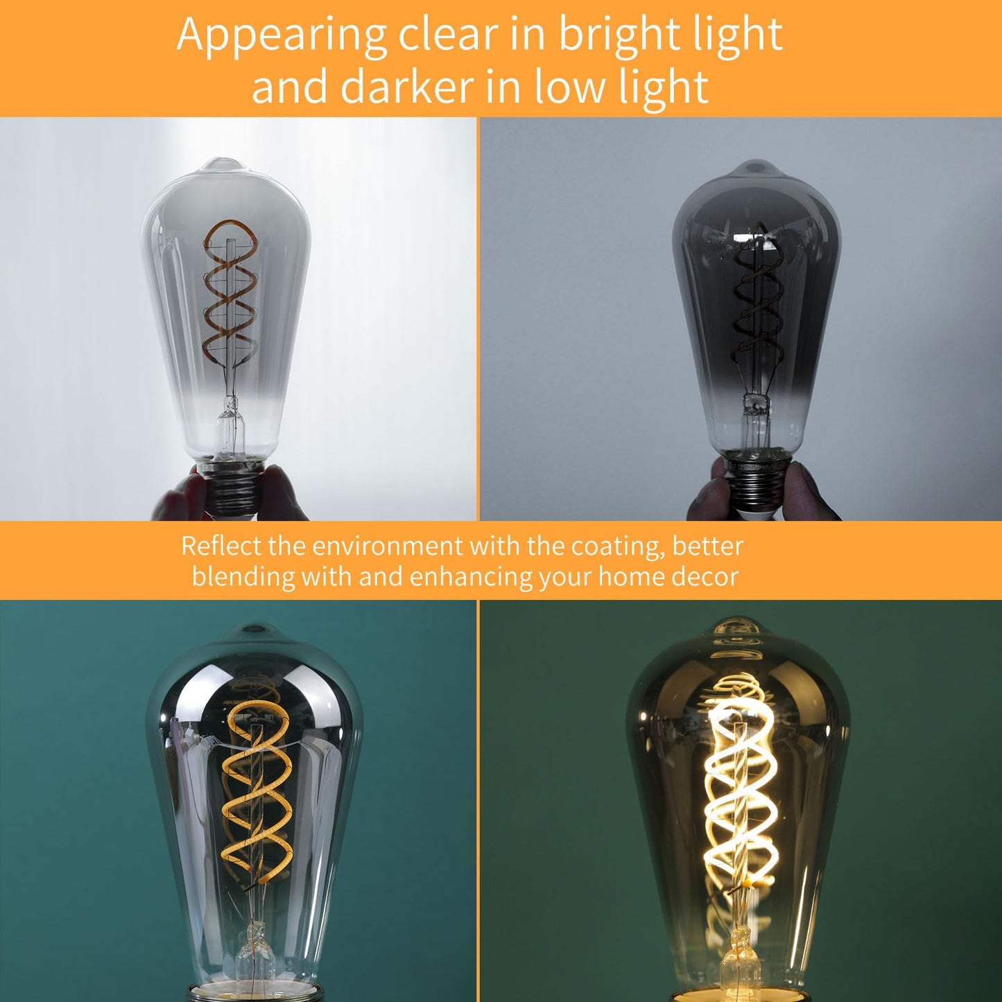 Decoaui E26 St64 Vintage Edison Light Bulbs  Smoky Grey Coated Glass  Dimmable  4W(20W Equivalent) 200 Lumin  2700K Soft White  Spiral Filaments Design  Antique Style  25000 Hrs  3-Pack