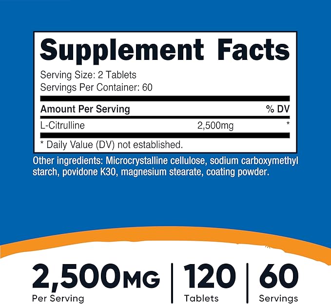 Nutricost L-Citrulline 2500mg Per Serving, 60 Servings, 1250mg Per Tablet, 120 Tabs - Non-GMO and Gluten Free Supplement