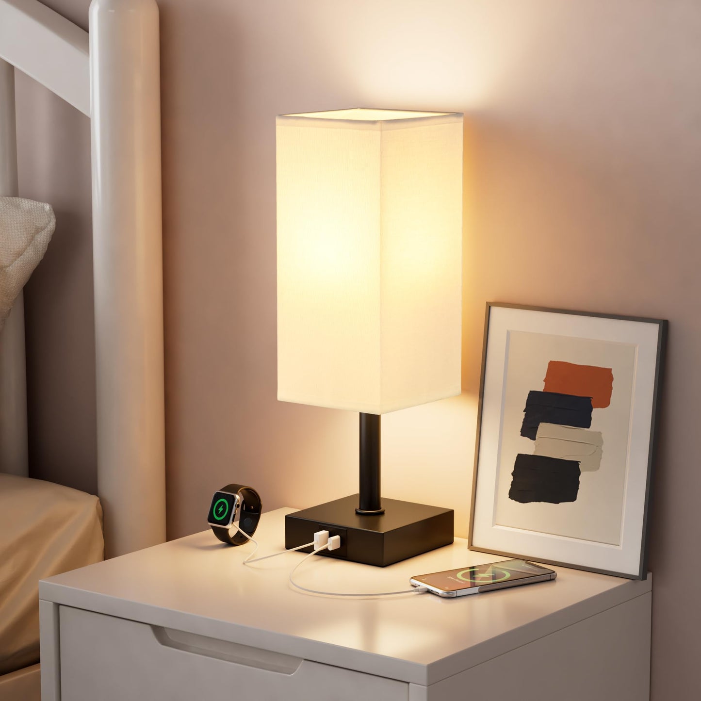 Ambimall Touch Control Table Lamp with USB A+C Ports, 13 inches, White Shade & Black Base, LED Bulb Included, Model RPT-fang1-7