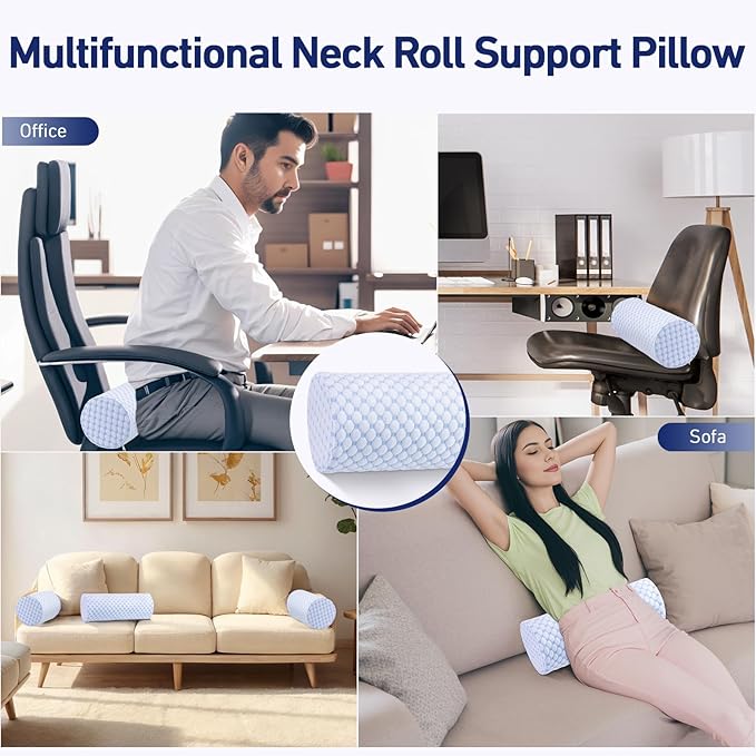 Neck Roll Pillow with Cooling Pillowcase - 16 x 6.3 Inch Round Neck Pillow for Sleeping - Memory Foam Bolster Pillow for Legs, Cylinder Pillows for Cervical, Back, Lumbar (Cool Blue)