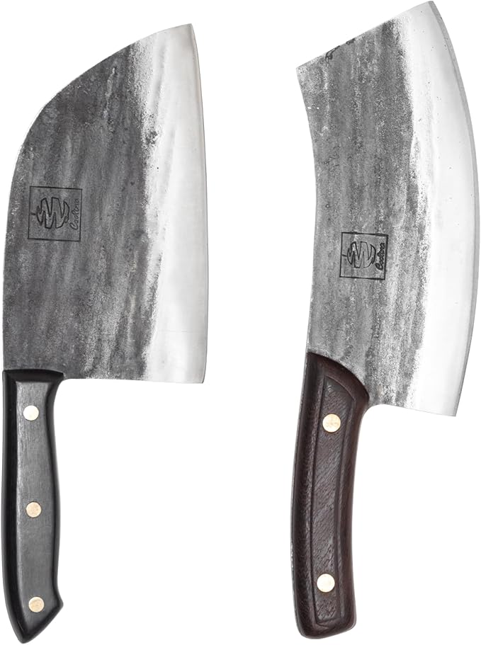 COOLINA Knife Set – Promaja Hand-Forged Butcher Knife & Chef Knife Bundle – Full Tang Carbon Steel Cleaver and Cooking Knife with Wooden Handles – Professional Kitchen & BBQ Knives
