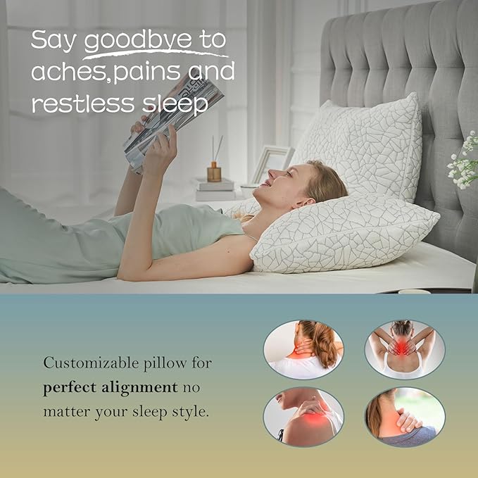 Shredded Memory Foam Pillow for Sleeping, Cooling Bed Pillows Queen Size Set of 2, Adjustable Soft and Firm Pillows or Side, Back, Stomach Sleepers with Washable Removable Bed Pillow Cover